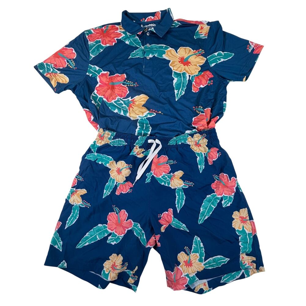 Chubbies Polo Shirt and Lined Swim Trunk Set Floral Reef Print Blue Men Sz XL